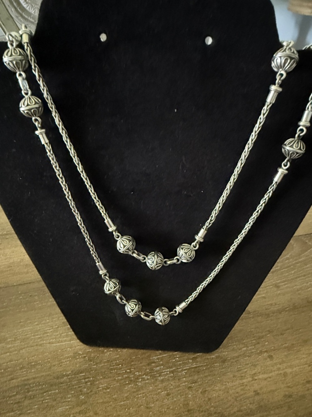 Long Artisan Sterling wheat chain with oxidized stations and toggle necklace